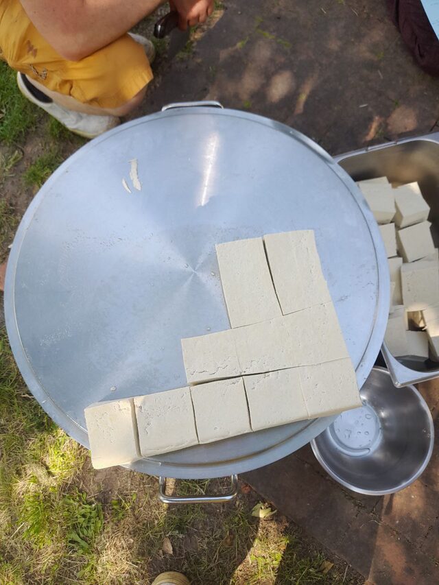 Geschnittener Tofu liegt auf einem großen Topfdeckel neben Schüsseln im Freien.